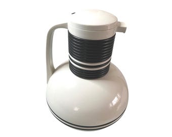Vintage MCM Corning Thermique Thermal Carafe White Black Ribbed Pitcher