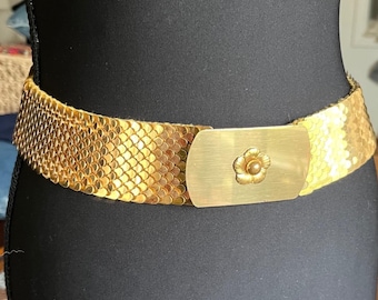 Vintage Gold Metal Scale Stretch Belt Wide Floral Buckle Mermaid Disco Retro