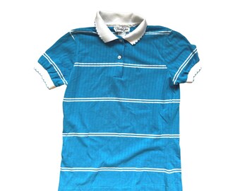 Vintage 90s French Blue Striped Polo Shirt Short Sleeve Scalloped Trim S Preppy