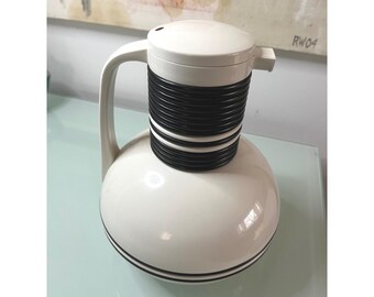 Vintage MCM Corning Thermique Thermal Carafe White Black Ribbed Pitcher