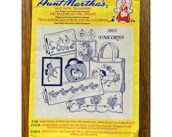 Aunt Martha's Hot Iron Transfers 3802 Unicorns Embroidery Patterns Vintage Style