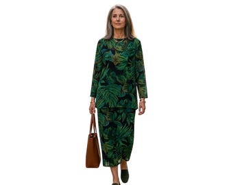 Carole Little Vintage 2X Tropical Monstera Leaf Print Dress and Jacket Set Green