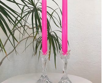 Vintage Art Deco Clear Crystal Glass Taper Candle Holders Set of 2 Square Base