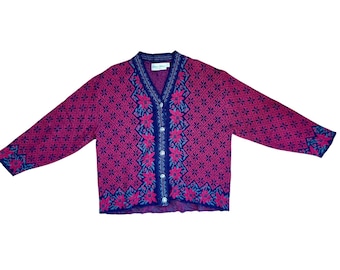 Women's Fair Isle Knit Cardigan Red Floral Sweater M Silver Buttons