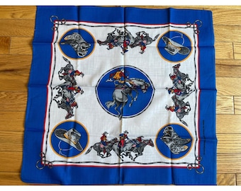 Vintage Western Rodeo Bandana Blue White Red Cotton Blend Made in USA