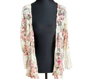Vintage Floral Lace Cream Pink Red Cardigan Open Front Sweater S/M Cottagecore