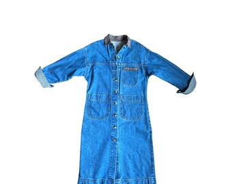 VTG 90s Long Blue Denim Duster Chore Coat Button Front Small USA Westerncore