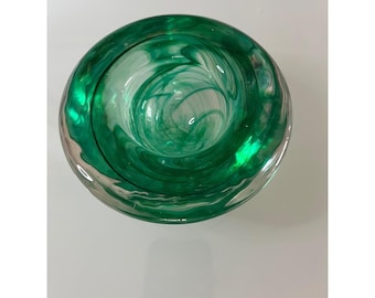 Kosta Boda Green Teal Jade Swirl Art Glass Heavy Votive Candle Holder Sweden 4"