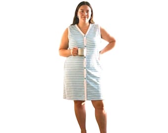 VTG Blair Womens Large Blue White Striped Terry Cloth Button Front Lounger Robe