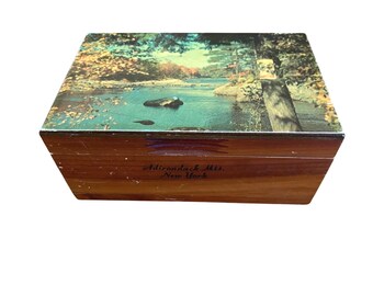 Vintage Adirondack Mts New York Cedar Wood Trinket Box Scenic Souvenir 5.5in