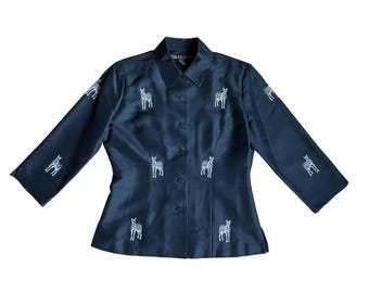 Silkland Schwarz 100% Reine Seide Zebra Jacke Jacke Bluse Größe 4 Safari Animalier