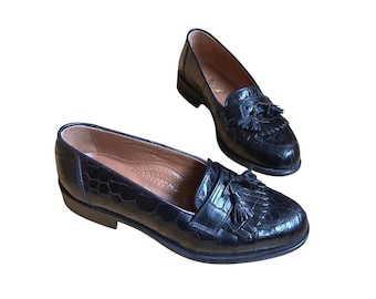 VTG Black Genuine Alligator Tassel Loafers Handmade Italy Old Money M 6/ W 7.5