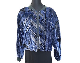 Vintage Blue Burnout Velvet Beaded Cropped Bomber Jacket Womens Small