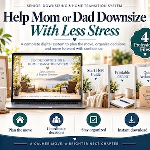 May include: A digital senior downsizing and home transition system featuring a laptop displaying a coastal scene, a white mug with text, and three printed guides labeled Start Here Guide, Printable Planner, and Quick Action Pack with icons.