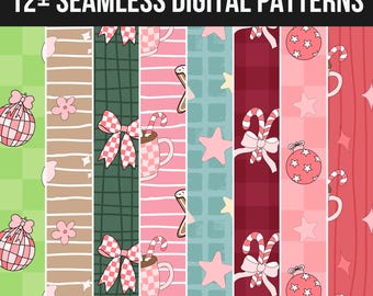 Coquette Christmas Seamless Patterns | 12 Unique Digital Papers | Transparent + Color Backgrounds | Pink Holiday Scrapbook PNG 300 DPI