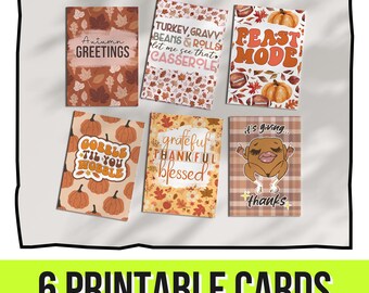 6 Printable Thanksgiving Cards Bundle -5"x7"- pumpkin fall vintage aesthetic greeting holiday gratitude trendy thankful turkey cute card set
