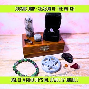 Cosmic Drip: Season of the Witch OOAK Crystal & Jewelry Bundle | Amethyst Ring, Ruby Zoisite Bracelet, Pentacle and Pendulum