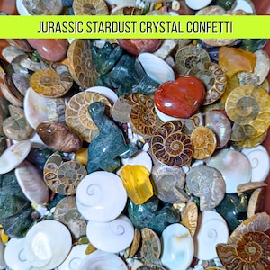 May include: A collection of polished stones and fossils, including ammonites, heart-shaped stones, and carved dinosaur figurines. The image features a variety of colors, including brown, white, green, and red. Text at the top reads "JURASSIC STARDUST CRYSTAL CONFETTI."