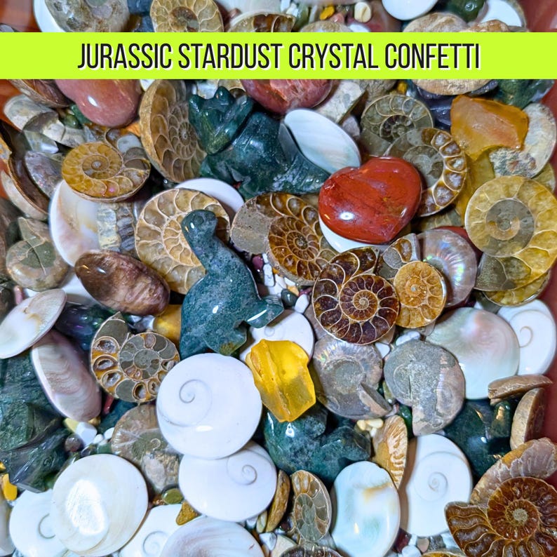 May include: A collection of polished stones and fossils, including ammonites, heart-shaped stones, and carved dinosaur figurines. The image features a variety of colors, including brown, white, green, and red. Text at the top reads "JURASSIC STARDUST CRYSTAL CONFETTI."