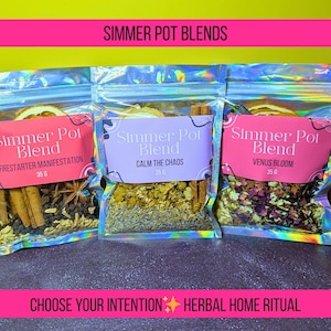 May include: Three clear, iridescent pouches of simmer pot blends. Each pouch has a label with the words "Simmer Pot Blend" and a different intention: "Firestarter Manifestation", "Calm the Chaos", and "Venus Bloom". The text "Choose Your Intention Herbal Home Ritual" is at the bottom.