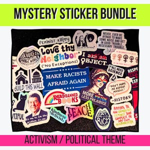 May include: A mystery sticker bundle with an activism and political theme. The stickers feature various designs, including text like "Make Racists Afraid Again," "More Pride Less Prejudice," and "Eat the Rich." The bundle includes a variety of colors and shapes.
