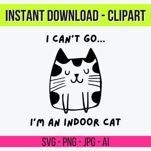 以下が含まれることがあります： 「I CAN'T GO... I'M AN INDOOR CAT」のテキストが入った、白黒の漫画の猫のイラストです。画像には「INSTANT DOWNLOAD - CLIPART」と「SVG - PNG - JPG - AI」のテキストも含まれています。