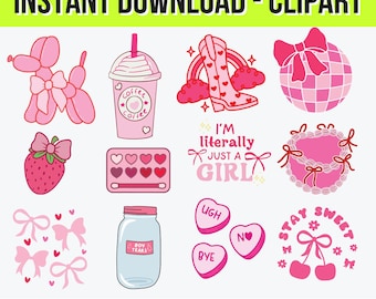 Coquette Girly Pink Aesthetic Clipart Bundle | 12 Instant Download Images | Feminine Retro Art PNG SVG jpg Illustrator | digital stickers