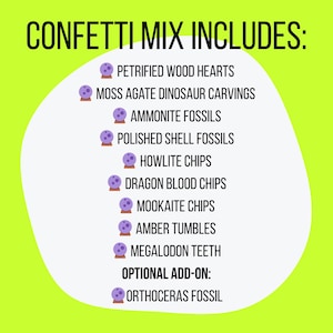 May include: A graphic on a bright green background lists the contents of a "Confetti Mix." The list includes petrified wood hearts, moss agate dinosaur carvings, ammonite fossils, polished shell fossils, and more. An optional add-on is an orthoceras fossil.