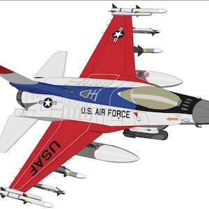 May include: Illustration of a red, white, and blue U.S. Air Force F-16 fighter jet. The jet features the text "USAF" on the wing and "U.S. AIR FORCE" on the fuselage. It is equipped with multiple missiles.