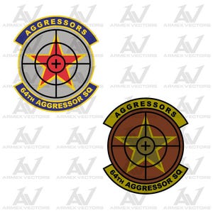 May include: Two military-style patches. One features a red star within a target, with the text "AGGRESSORS" and "64th AGGRESSOR SQ" in blue and yellow. The other patch has a brown and yellow color scheme.
