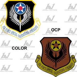 May include: Two versions of the Air Force Special Operations Command emblem. One is black with a yellow border, a central star, and the text "Air Force Special Operations Command." The other is brown with a yellow star and the same text.