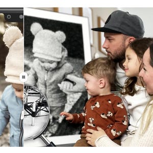 May include: A split-screen image shows a baby in a winter hat and jacket on a phone screen, and a black and white photo of the same baby. A family of four is looking at the photo. The baby in the photo is wearing a brown sweater with a dog pattern.