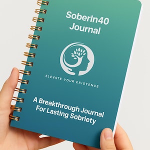 May include: A teal and blue journal with gold spiral binding, held by hands. The cover reads "SoberIn40 Journal" with a logo and the text "Elevate Your Existence." Below, it says "A Breakthrough Journal For Lasting Sobriety."