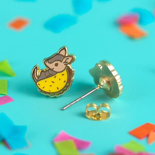 Tacodillo Earrings - Hard Enamel Armadillo Earring Cute Taco Studs Gold Taco Armadillo Jewelry Southwest Stud Earrings Taco Lover Gift