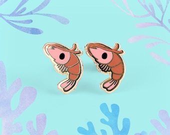 Shrimp Earrings - Seafood Hard Enamel Earring Stud Prawn Earrings Aquatic Gold Earring Studs Seafood Gift Fried Shrimp Earring Gift