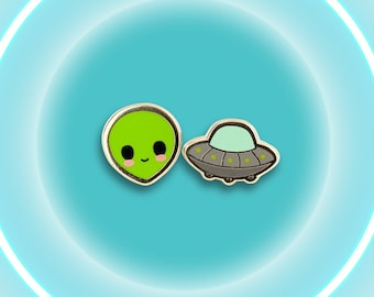 Alien Earrings - 90s UFO Enamel Earring Stud Roswell Earrings Alien Space Craft Gold Earring Studs Outer Space Gift Extraterrestrial Gift