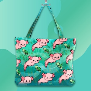 Axolotl Tote Bag - Kawaii Shoulder Bag Kawaii Salamander Zippered Tote Amphibian Zippered Bag Mexico City Shopping Bag Water Sprite Tote Bag