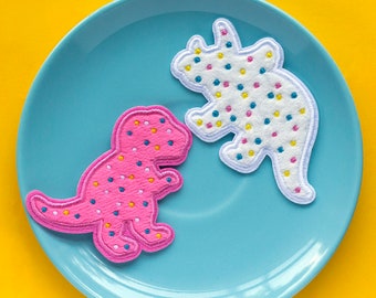 Fuzzy Dino Cookie Patch Set - 2 Dinosaur Patches Adhesive Dino Patch Sugar Cookie Cute Dino Sticker Gift Dinosaur Gift Trex Triceratops