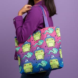 Frog Magic Tote Bag - Kawaii Shoulder Bag Kawaii Frog Zippered Tote Amphibian Zippered Bag Wizard Shopping Bag Magical Tote Bag Kawaii Tote