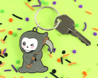 SALE Grim Reaper Keychain - Skeleton Kawaii Keychain Spooky Cute Key Charm Halloween Keyring Scythe Keychain Kawaii Keyring Cute Keyring