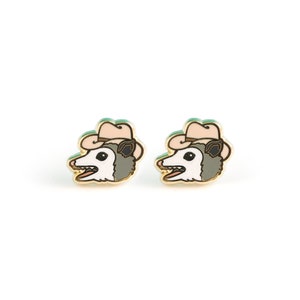 Possum Posse Earrings - Hard Enamel Opossum Earring Stud Possum Earrings Texas Gold Earring Studs Marsupial Gift Cowboy Possum Earring Gift