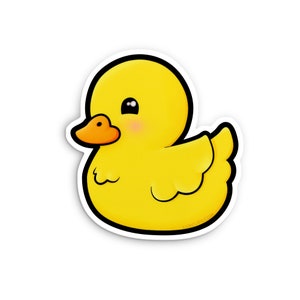 May include: A yellow rubber duck with a small orange beak and black eyes. The duck has a cute, cartoonish style.