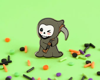 Grim Reaper Enamel Pin - Spooky Enamel Pin Halloween Lapel Pin Skeleton Badge Black Death Kawaii Pin Scythe Gift Cute Grim Reaper Pin Gift