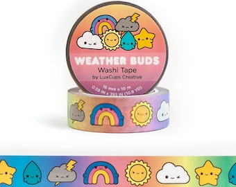 SALE Weather Buds Washi Tape - Kawaii Washi Tape, Decorative Tape, Paper Tape, Colorful Crafting Tape, Stationery Craft Tape, Rainbow