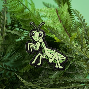 May include: Green embroidered iron-on patch of a praying mantis with black outlines and large eyes.