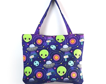 Cosmic Cuties Bag - Kawaii Shoulder Bag Kawaii Outer Space Zippered Tote Alien Zippered Bag UFO Shopping Bag Ray Gun Tote Bag Shoulder Tote