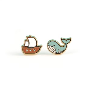 Ship + Whale Earrings - Hard Enamel Moby Dick Earring Stud Sperm Whale Earrings Ship Gold Earring Studs Ocean Gift Sailing Earring Gift Pin