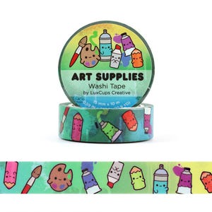 May include: A roll of washi tape with a green background and colorful art supplies, including paintbrushes, paint tubes, and a palette. The tape is labeled "ART SUPPLIES Washi Tape by LuxCups Creative 15 mm x 10 m 0.59 IN 10.9 YD)"