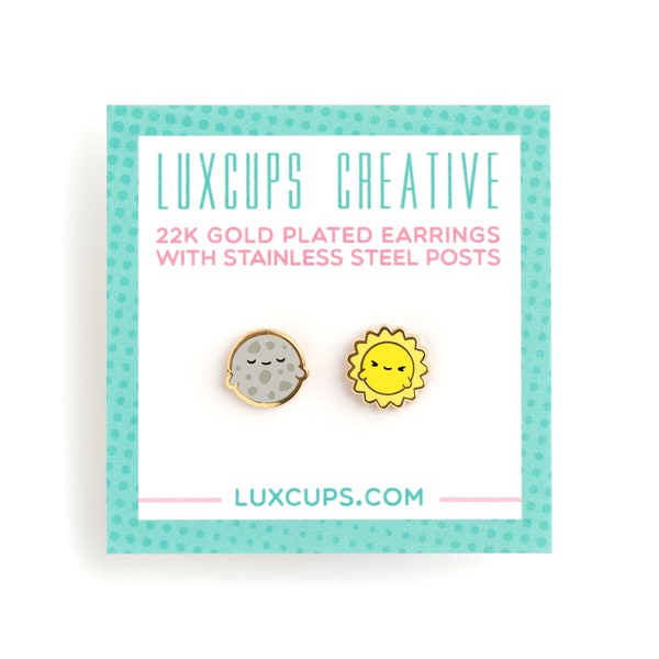 Luna + Sol Earrings - Hard Enamel Moon And Sun Earring Stud Lunar Earrings Solar Earrings Solar System Earring Studs Moon Sun Kawaii Studs