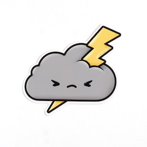 May include: A cartoon gray cloud with a frowning face and a yellow lightning bolt coming out of the top. The cloud has a white outline.